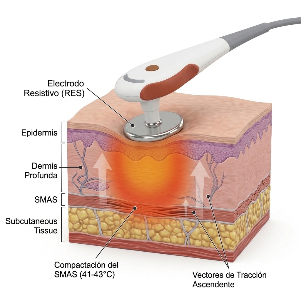 Render 3D en corte anatómico facial mostrando el electrodo resistivo actuando sobre la dermis profunda y la capa SMAS.