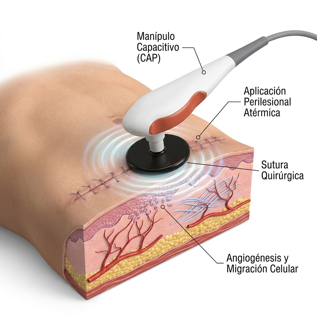 Ilustración 3D de bioestimulación atérmica perilesional en herida quirúrgica suturada mediante modo capacitivo.