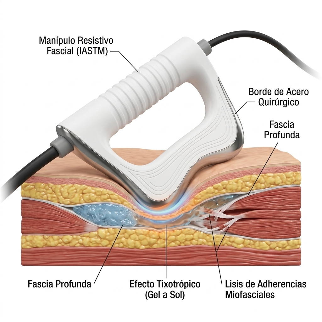 Render 3D del manípulo miofascial IASTM resistivo en acción de cizallamiento y diatermia profunda sobre tejido fascial y muscular.