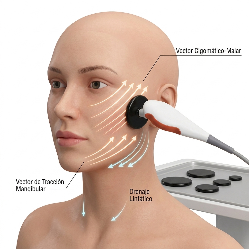 Render 3D de anatomía facial y cuello mostrando el mapeo topográfico con vectores dinámicos ascendentes y de drenaje linfático usando el manípulo capacitivo.