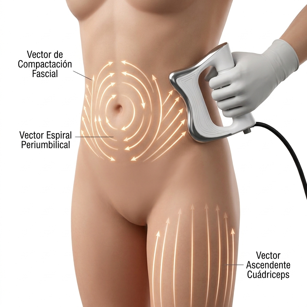 Render 3D de cartografía corporal en abdomen, flancos y muslos con vectores espirales y lineales usando el manípulo para fascia.