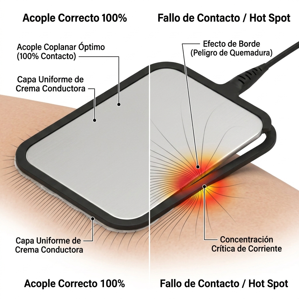 Comparativa técnica 3D de acople coplanar correcto vs contacto incompleto con efecto de borde (hot spot).