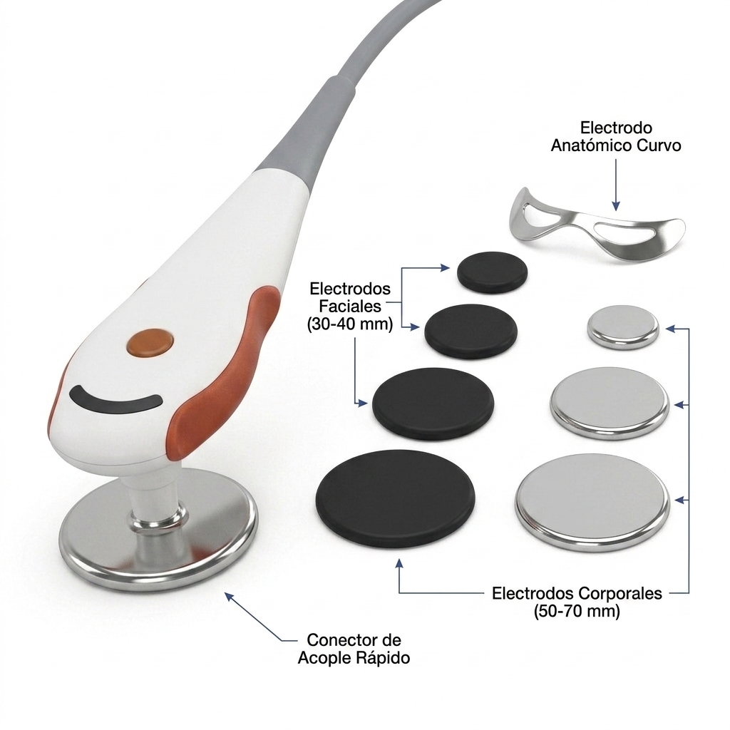 Render 3D con electrodos capacitivos y resistivos desglosados para aplicaciones faciales y corporales.