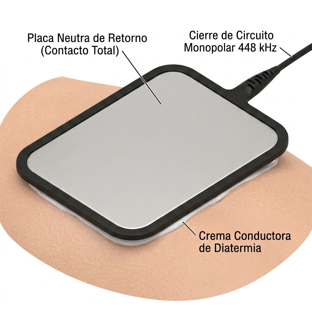 Esquema 3D del posicionamiento de la placa de retorno y aplicación de crema conductora de diatermia.