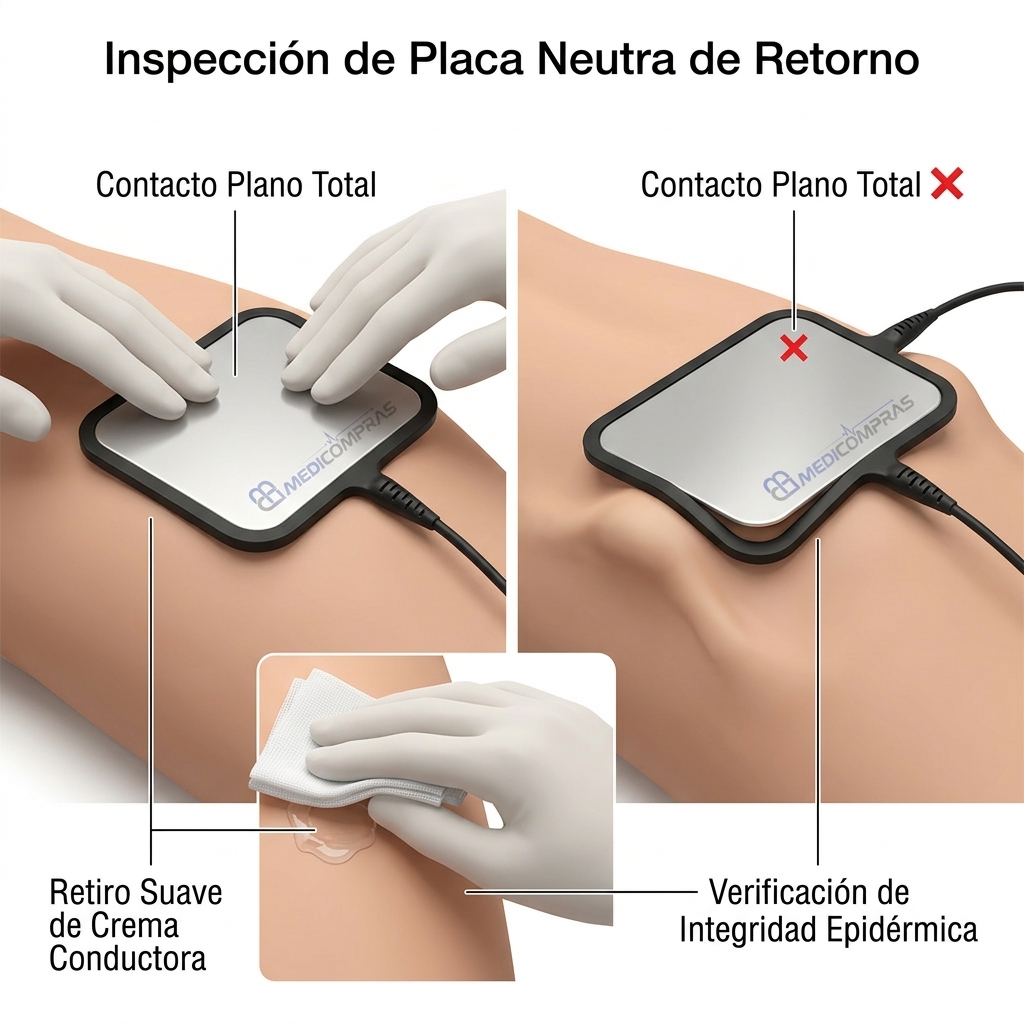 Esquema 3D de inspección del circuito cerrado y evaluación de la placa neutra de retorno y superficie cutánea.