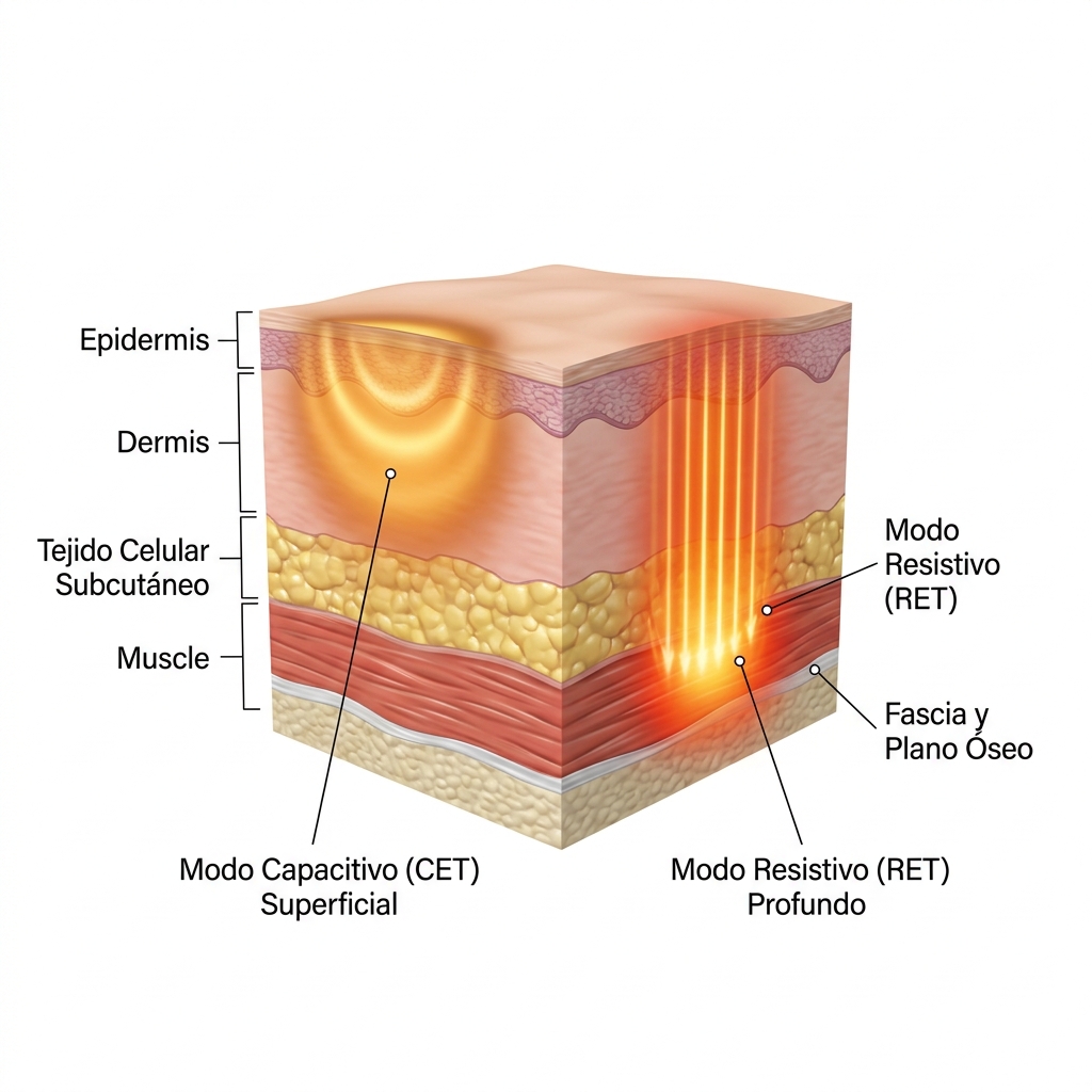 Diagrama biofísico 3D en corte anatómico comparando la penetración de energía capacitiva (CET) vs resistiva (RET) a 448 kHz en las capas biológicas.