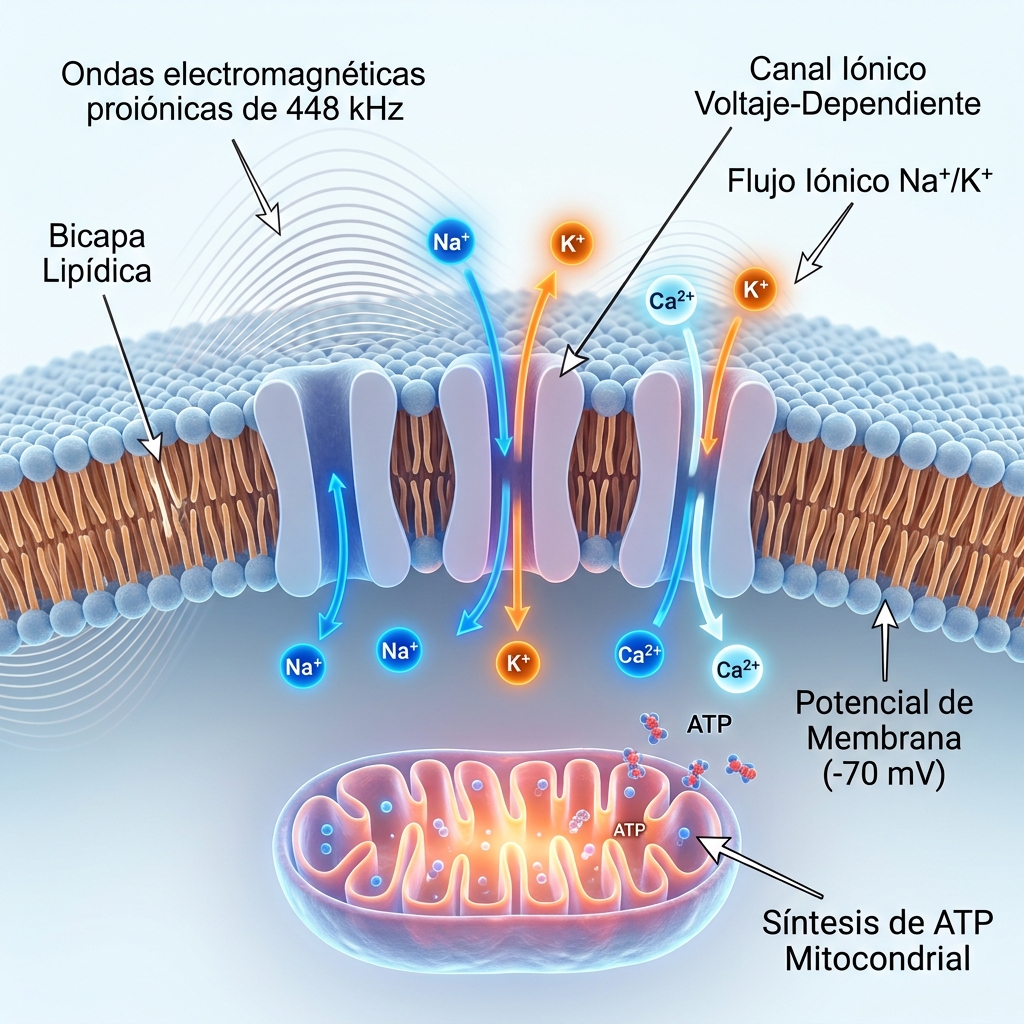 Diagrama biofísico 3D de la membrana plasmática celular y canales iónicos bajo estimulación de 448 kHz.