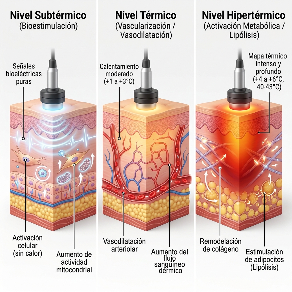 Infografía transversal 3D comparativa de los tres niveles térmicos (Subtérmico, Térmico e Hipertérmico) en capas tisulares.