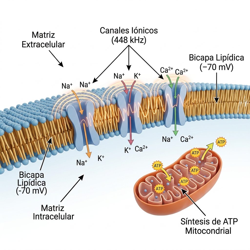 Diagrama biofísico 3D de la membrana celular mostrando el flujo iónico a 448 kHz, polaridad y estimulación mitocondrial.