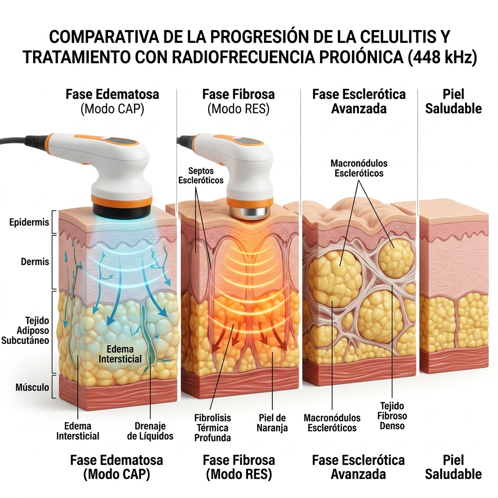 Esquema 3D comparativo en corte transversal de los estadios de celulitis y la acción de los modos capacitivo y resistivo.