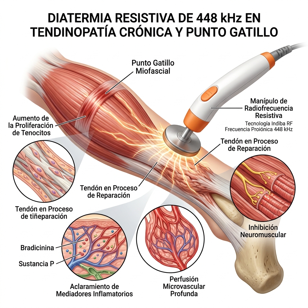 Diagrama 3D anatómico de aplicación músculo-tendinosa mostrando puntos gatillo miofasciales y microcirculación profunda con 448 kHz.