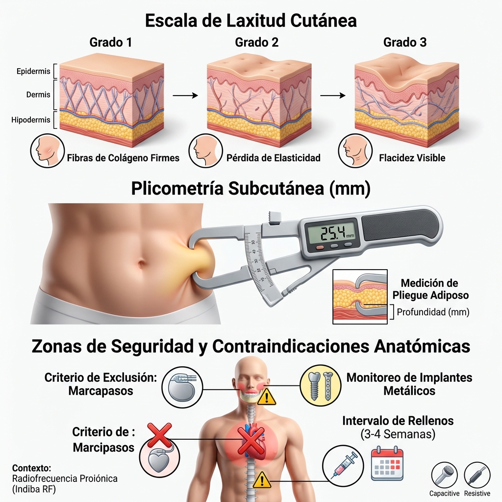 Esquema técnico 3D de evaluación clínica del paciente: diagnóstico de laxitud dérmica, plicometría y mapa de seguridad corporal.
