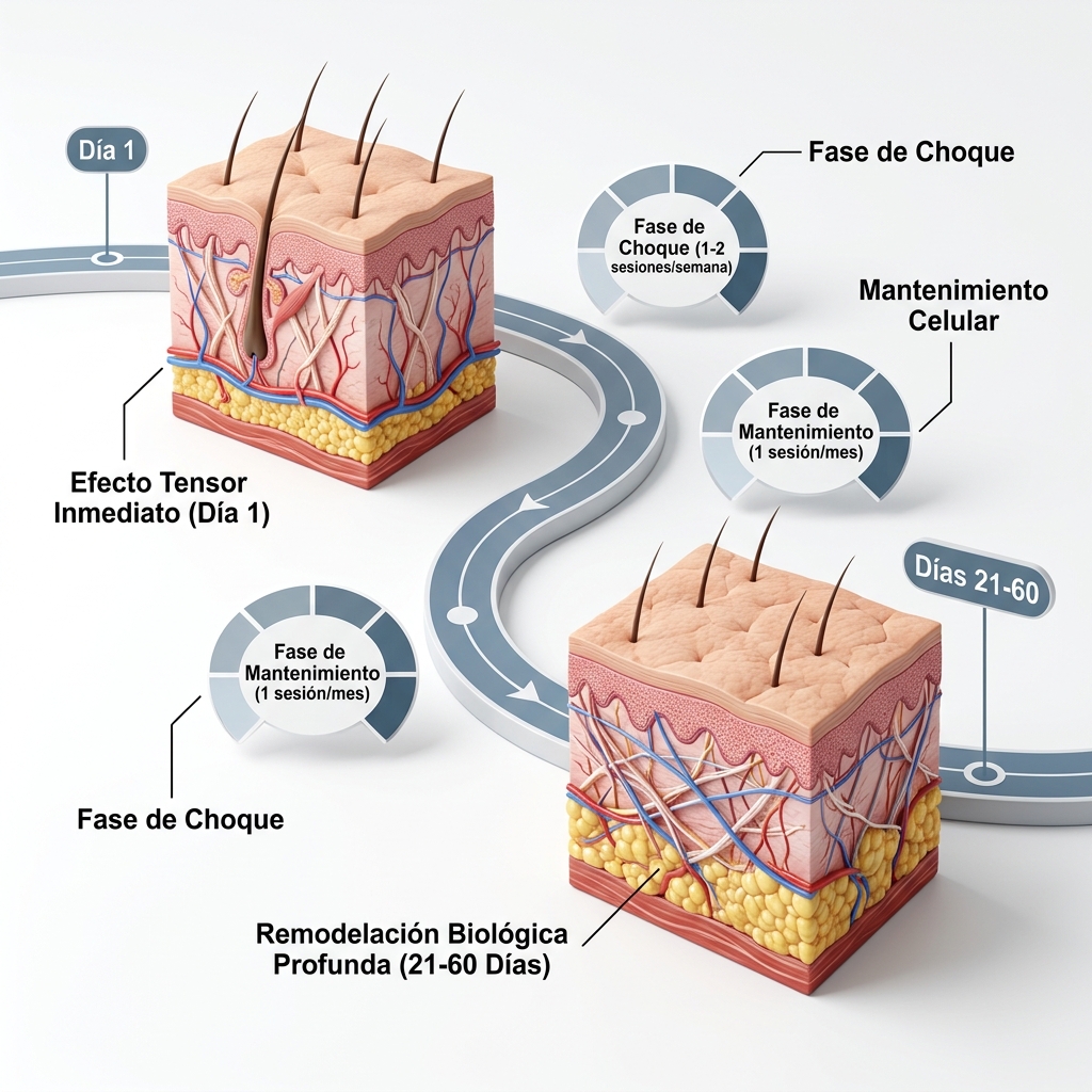 Diagrama 3D de cronograma clínico y curva de respuesta biológica que ilustra la fase de choque y mantenimiento a lo largo de 60 días.