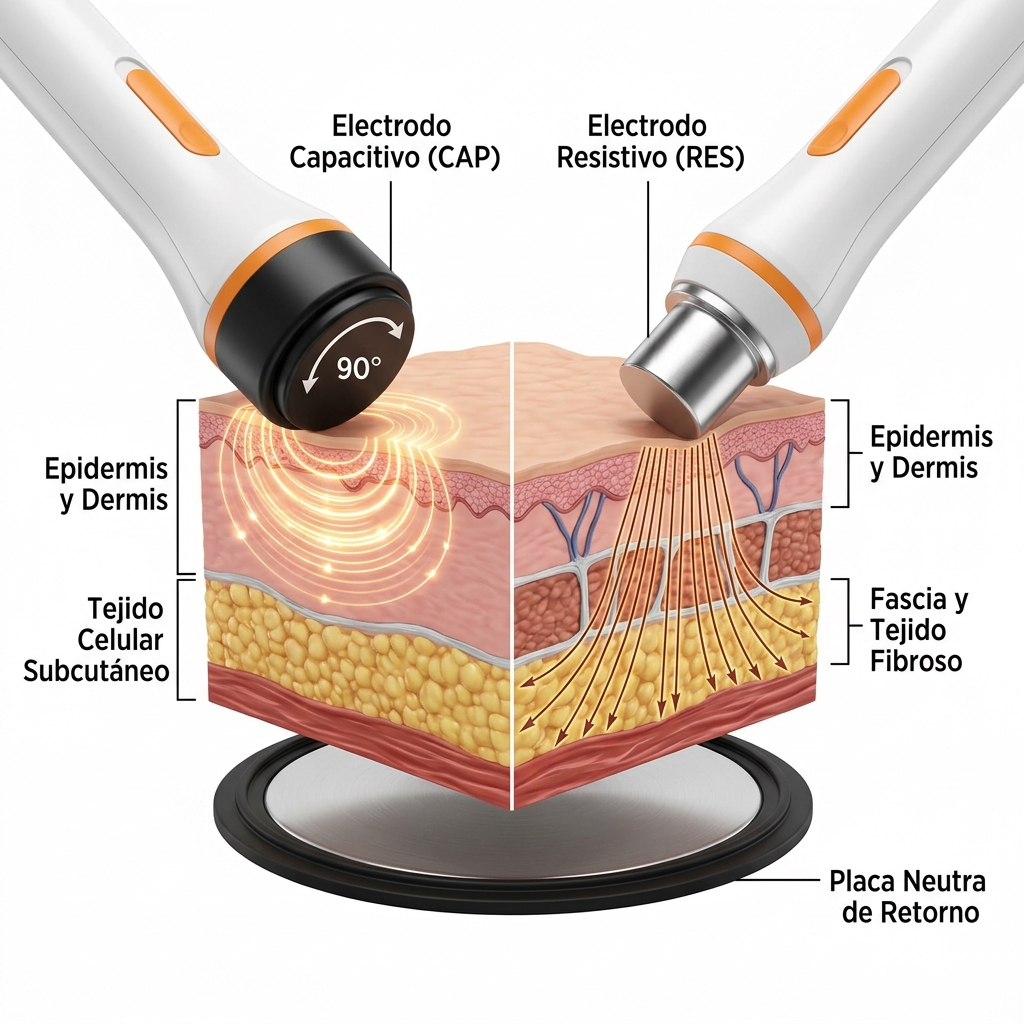 Diagrama 3D transversal biofísico de capas tisulares mostrando la interacción comparativa del flujo electromagnético a 448 kHz en modo Capacitivo (CAP) vs Resistivo (RES).