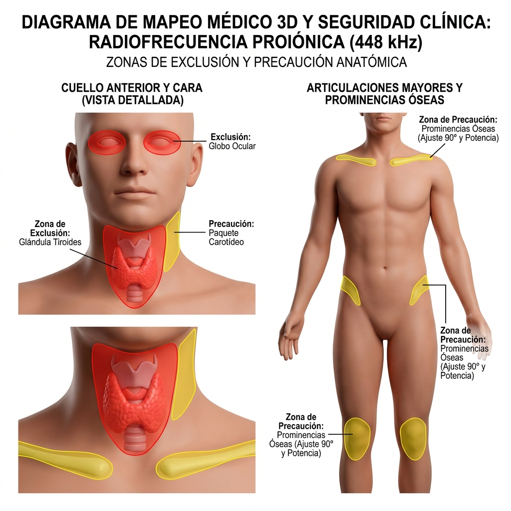 Esquema anatómico 3D de zonas de exclusión absoluta (rojo) y áreas de precaución (amarillo) en rostro, cuello y articulaciones.