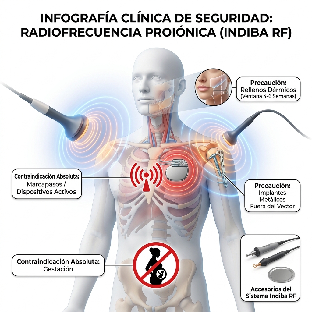 Infografía técnica 3D de contraindicaciones médicas absolutas y relativas para diatermia monopolar a 448 kHz.