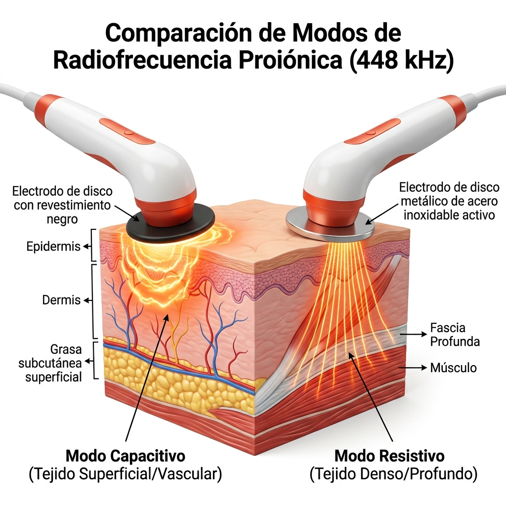 Diagrama anatómico comparativo 3D de penetración tisular entre modo capacitivo (electrodo negro) y modo resistivo (electrodo metálico).