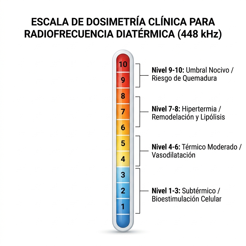 Infografía técnica 3D de la escala de sensación térmica clínica del 1 al 10 en diatermia proiónica.