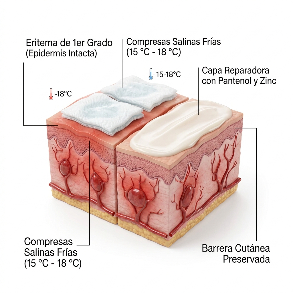 Render 3D de corte cutáneo mostrando el protocolo de enfriamiento con solución salina estéril y aplicación de emulsión reparadora sobre eritema de primer grado.