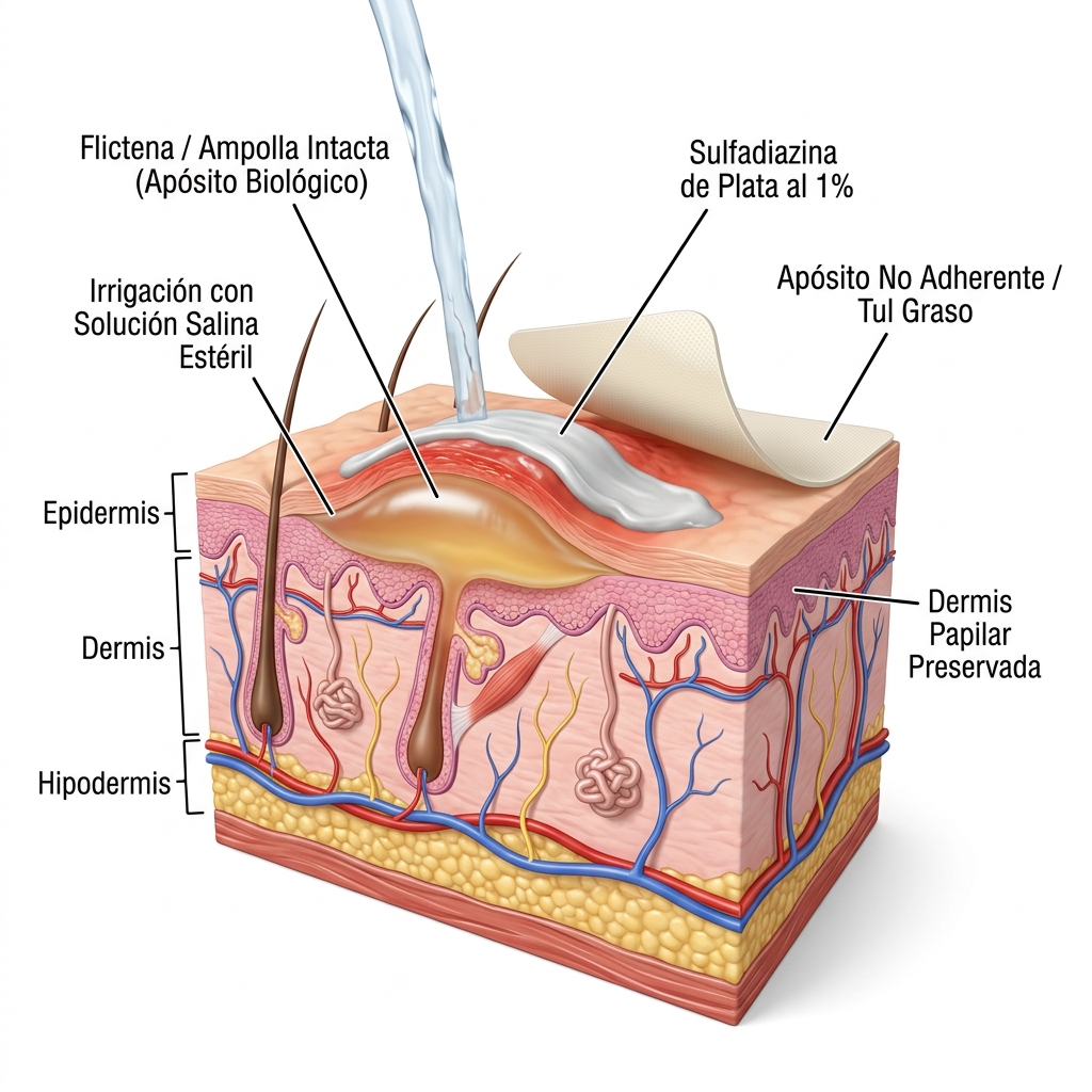 Ilustración médica 3D de corte de piel mostrando una flictena / ampolla intacta y la colocación de tul graso y sulfadiazina de plata.