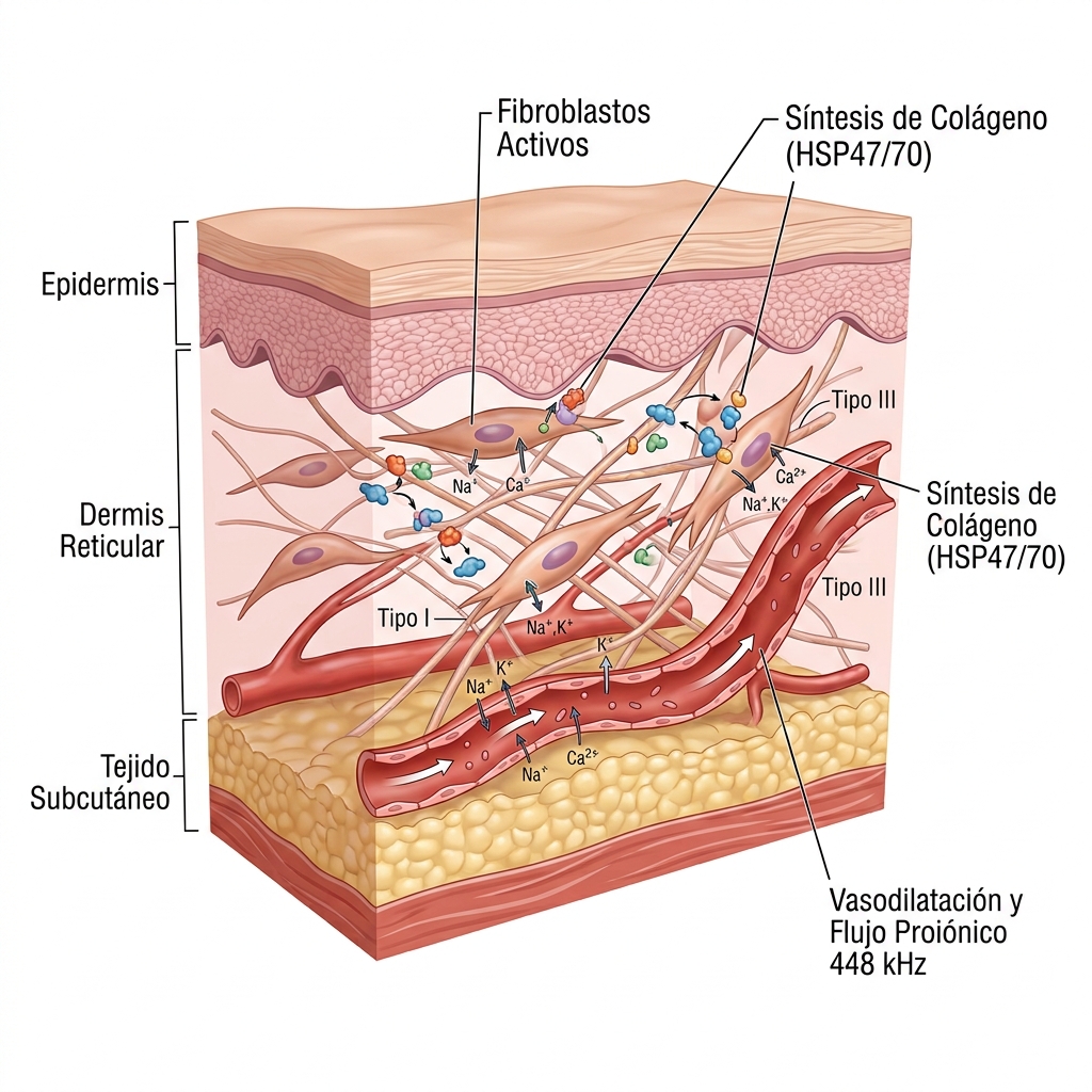 Diagrama 3D biomédico de corte transversal dérmico que ilustra los mecanismos de reparación tisular a 448 kHz, bioestimulación y síntesis de colágeno.