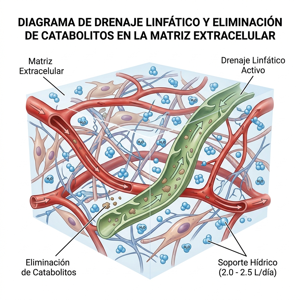 Infografía técnica 3D que muestra la movilización de catabolitos tisulares hacia los capilares linfáticos y el protocolo de reposición hídrica.