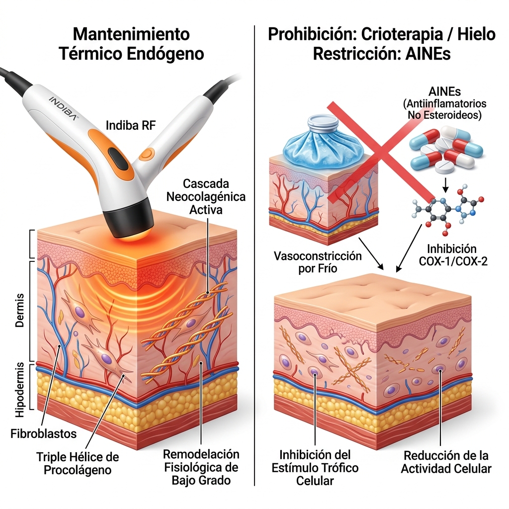 Esquema conceptual 3D comparativo mostrando la preservación del calor endógeno frente al bloqueo por crioterapia y AINEs.