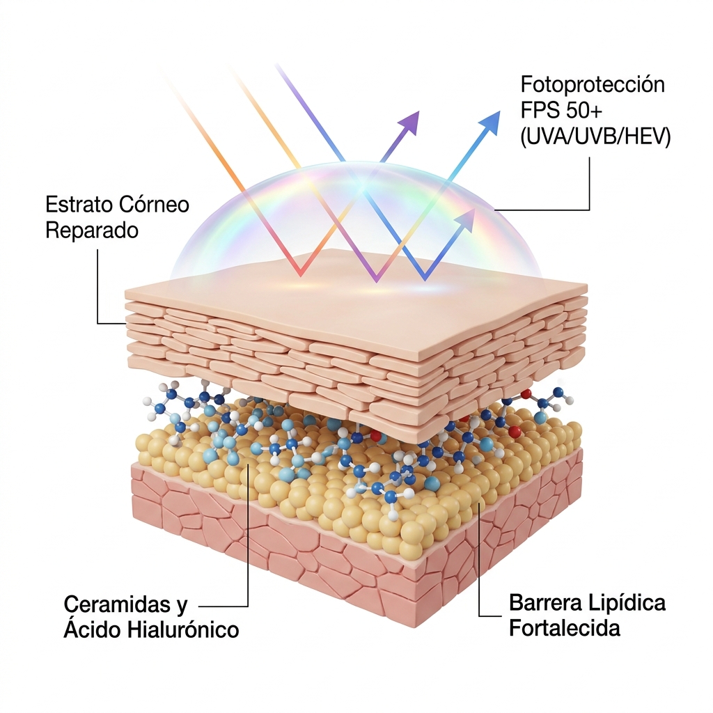 Render 3D de la estructura del estrato córneo protegido por dermocosméticos y escudo de fotoprotección solar FPS 50+.