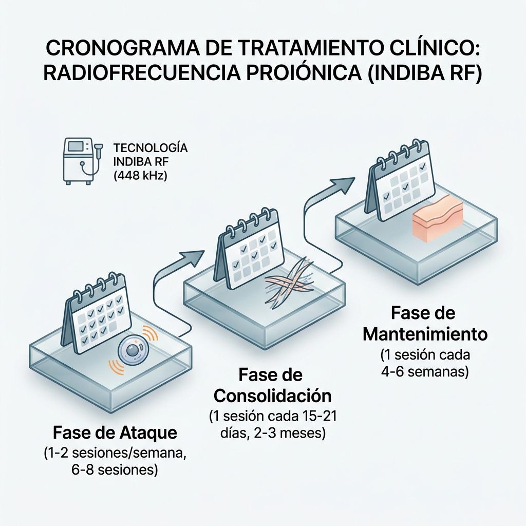 Infografía secuencial 3D con línea temporal que ilustra las fases de ataque, consolidación y mantenimiento terapéutico.
