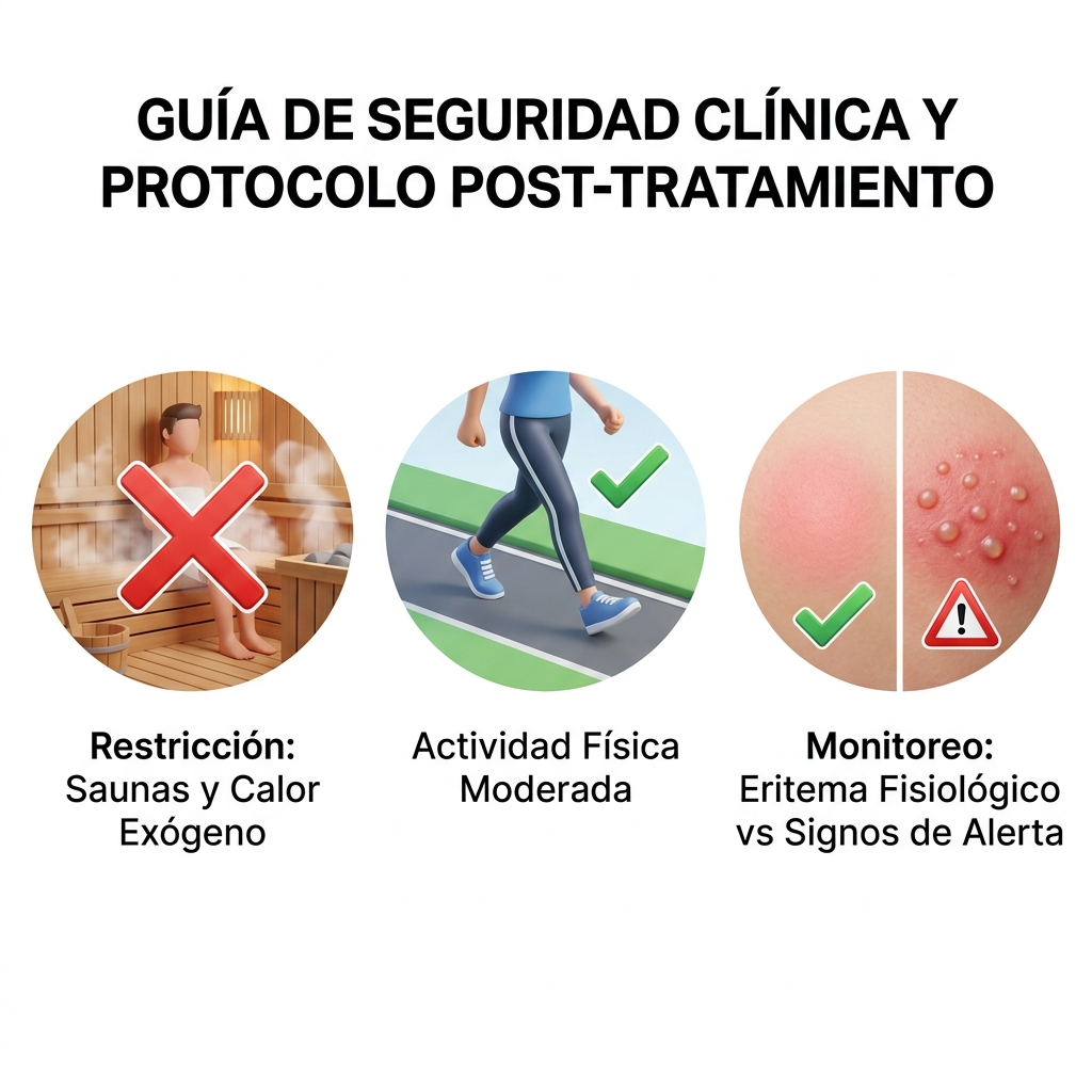 Esquema 3D clínico de directrices de seguridad mostrando restricciones de ambientes hipertérmicos, ejercicio y endpoints clínicos.