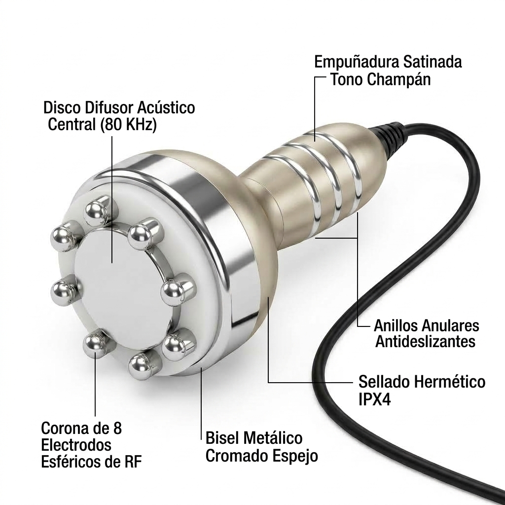Render 3D técnico en perspectiva activa de la cara de contacto y electrodos del cabezal combinado de RF y ultracavitación de 80 KHz.