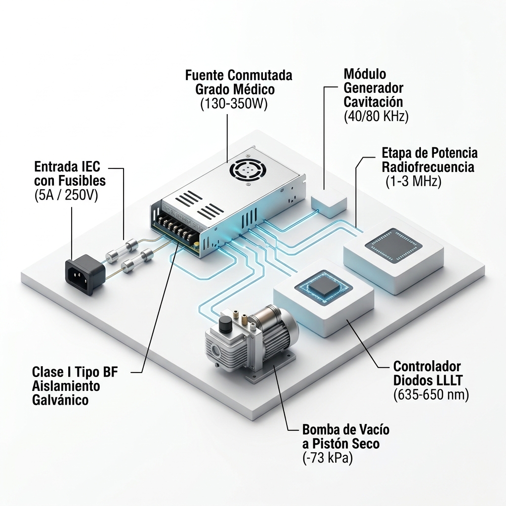 Diagrama de bloques 3D técnico de la distribución energética y módulos de potencia del sistema Kim8.