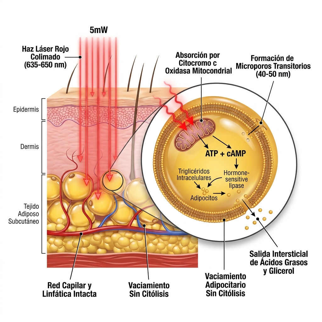 Esquema 3D biofotónico del mecanismo de acción celular de las placas de lipoláser LLLT en el tejido adiposo.