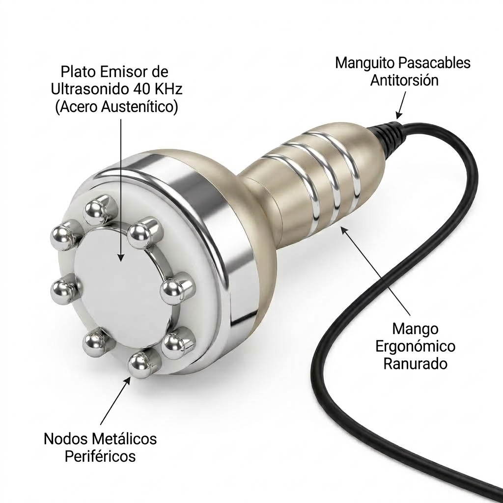Render 3D de detalle del cabezal de cavitación ultrasónica de 40 KHz en ángulo activo.