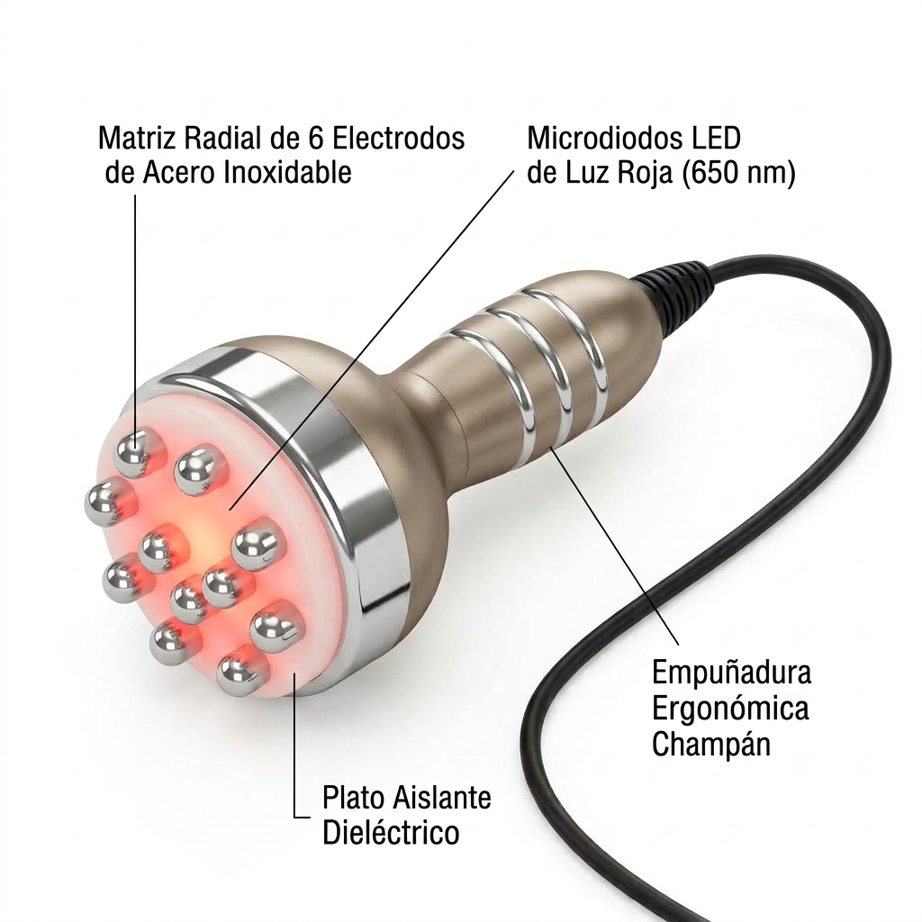 Render 3D técnico del cabezal sextupolar corporal con electrodos y biofotomodulación activa.