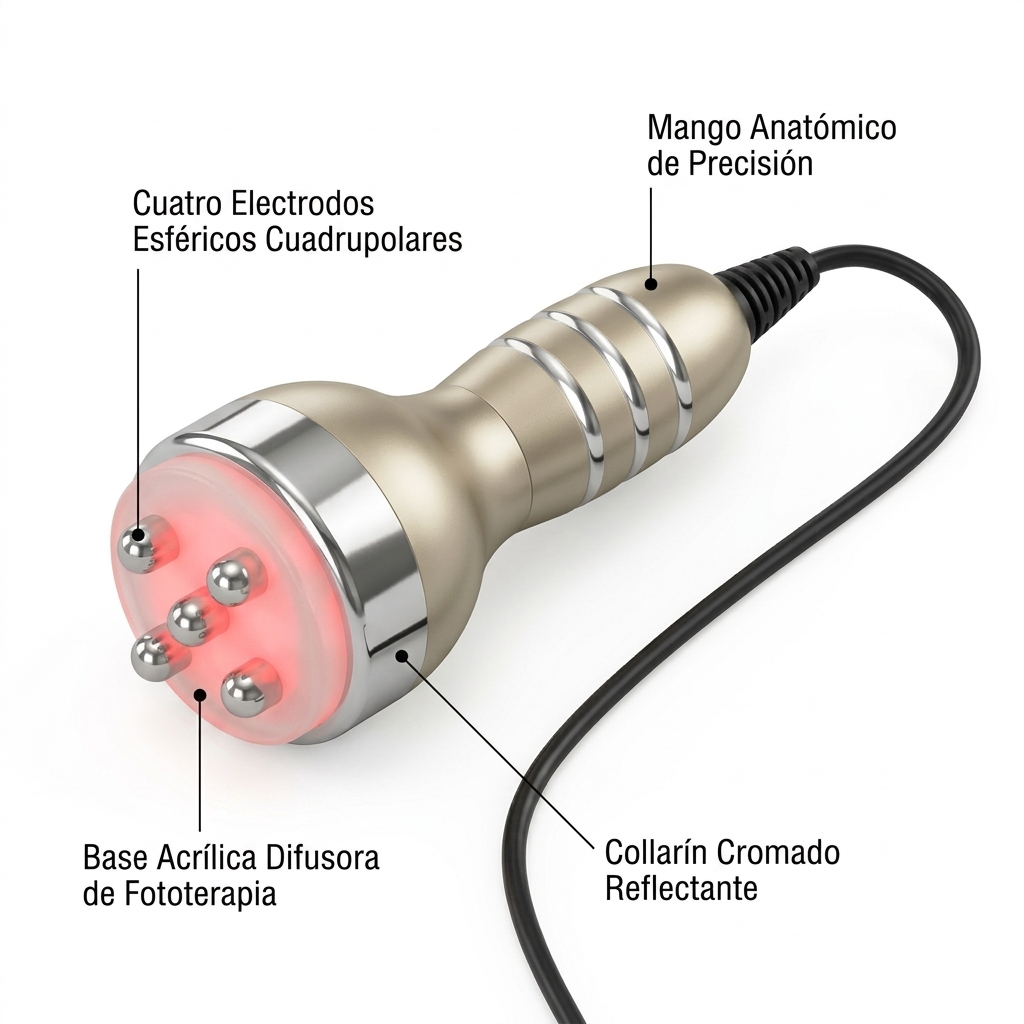 Render 3D del cabezal de radiofrecuencia cuadrupolar mostrando la disposición de 4 polos y difusor.