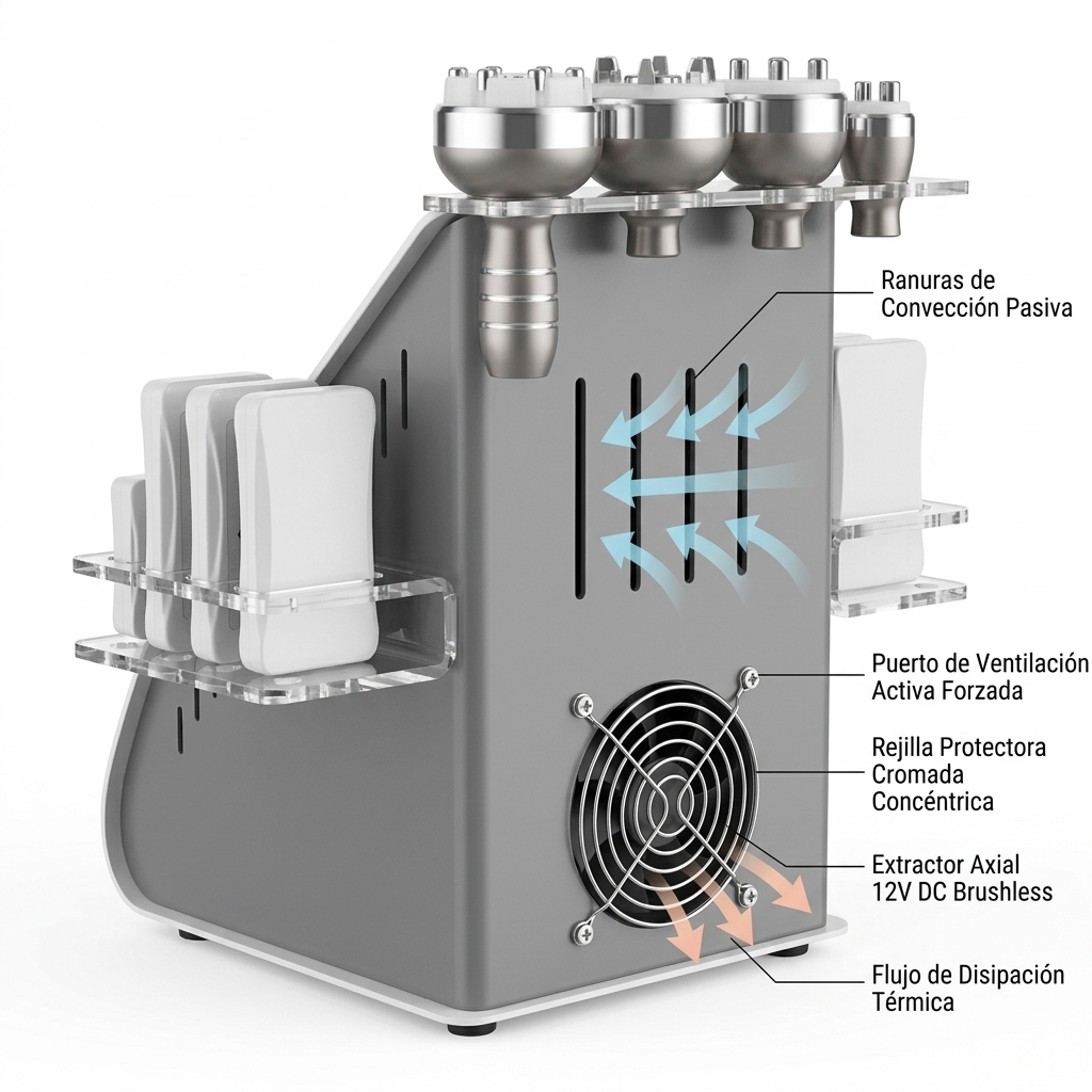 Render técnico del sistema de refrigeración pasiva y activa con extractor DC y rejilla cromada.