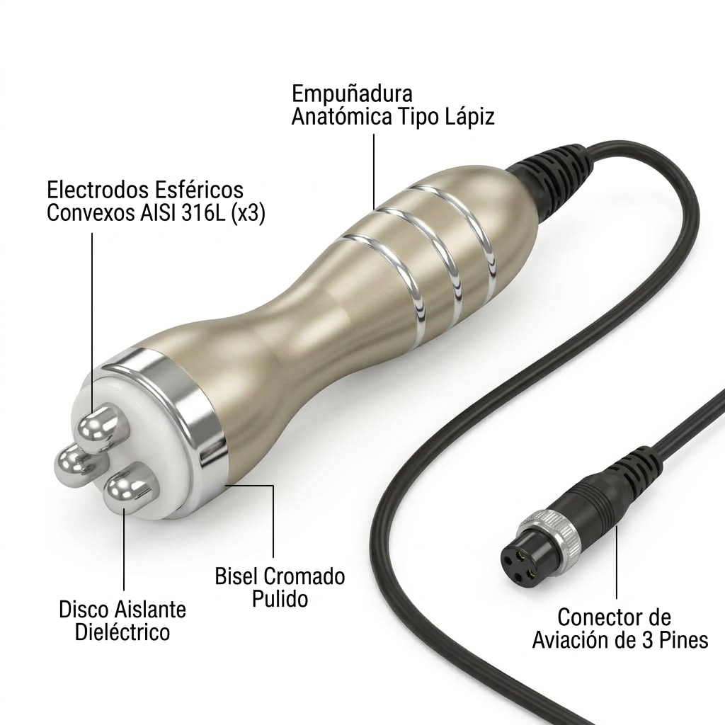Render 3D del manípulo tripolar facial rotado para exhibir su superficie activa con tres electrodos esféricos convexos.