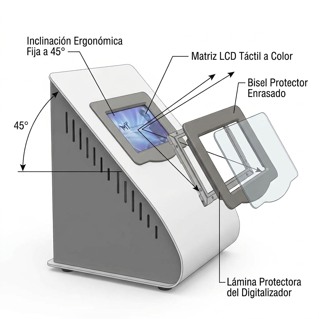 Render 3D en corte ergonómico de perfil mostrando la inclinación a 45 grados y el ensamble enrasado de la pantalla táctil LCD.