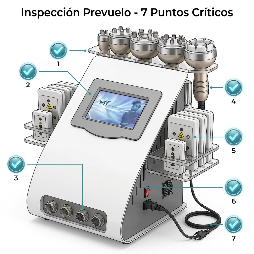 Vista isométrica 3D general del equipo completamente ensamblado con insignias numeradas de verificación técnica de los 7 pasos prevuelo.