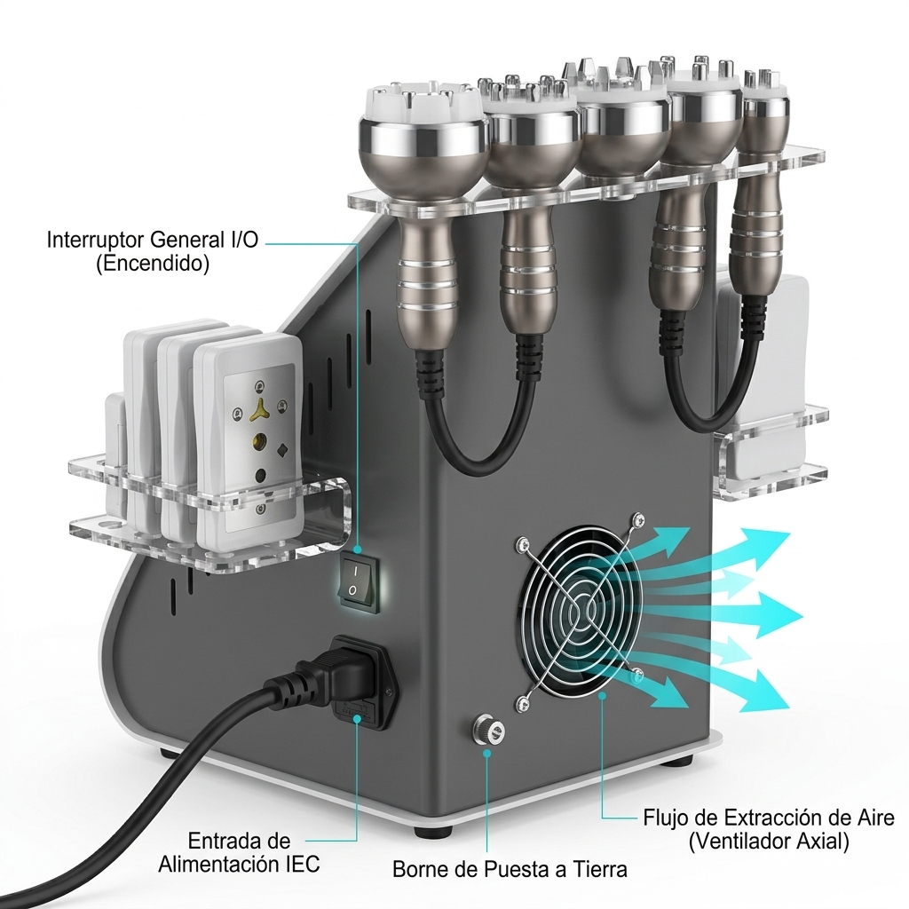 Render 3D técnico de la parte posterior y lateral de la consola Kim8 6en1 mostrando la conexión eléctrica, el interruptor I/O y el flujo de ventilación forzada.