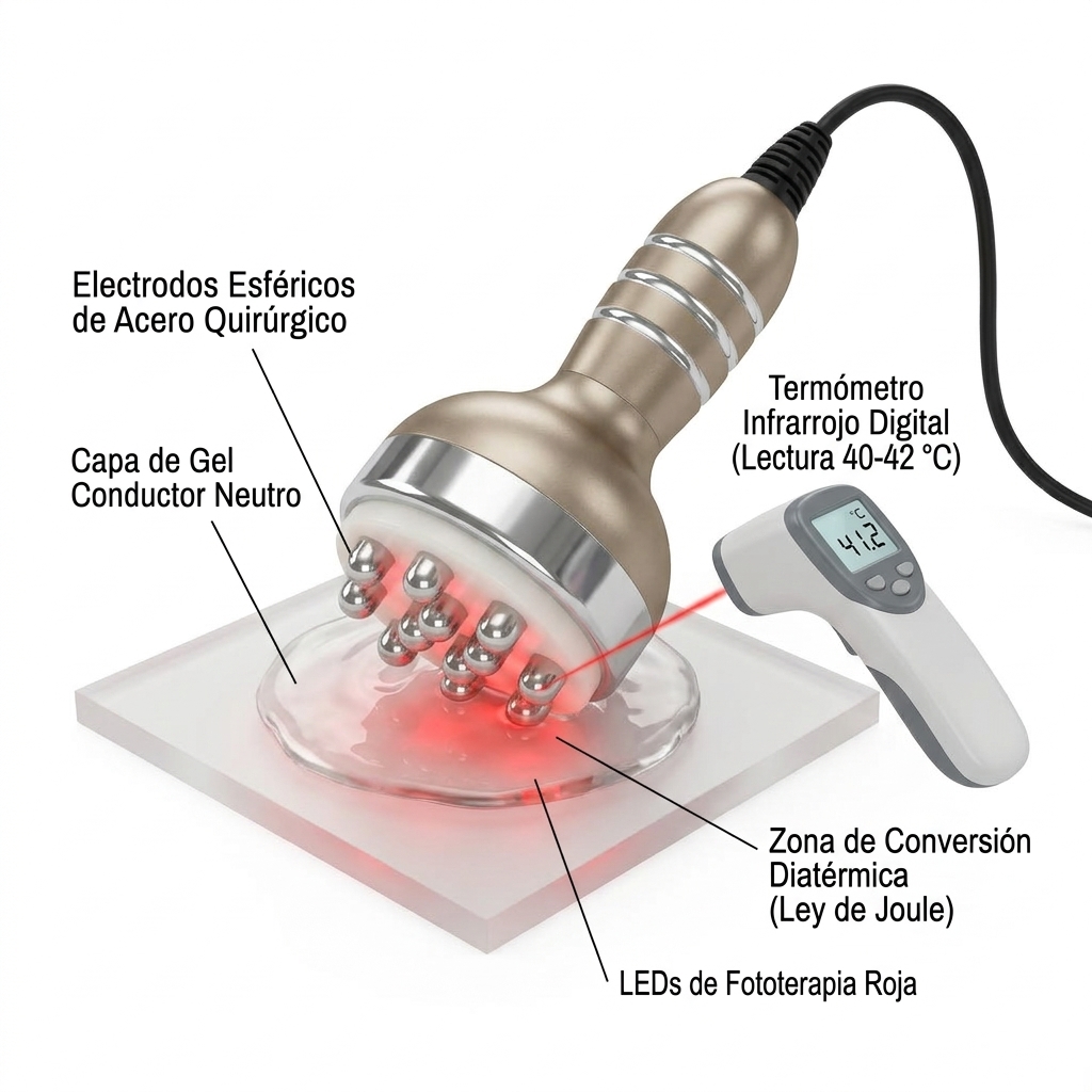 Render 3D técnico del cabezal de RF multipolar corporal acoplado a gel conductor y verificado mediante termómetro infrarrojo digital.