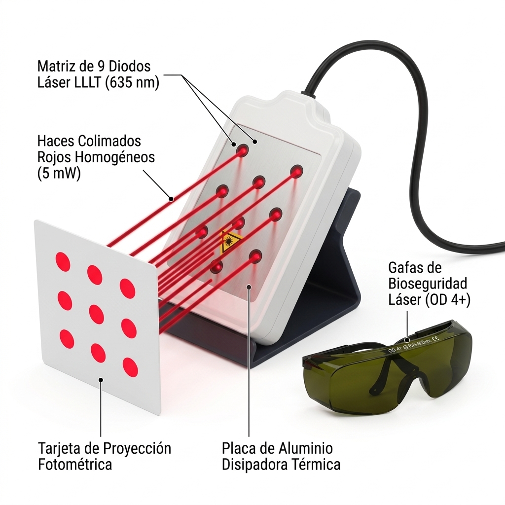 Render 3D técnico de bioseguridad óptica mostrando la placa lipoláser grande proyectando 9 haces colimados de 635 nm sobre una tarjeta de prueba, junto a gafas de protección OD 4+.