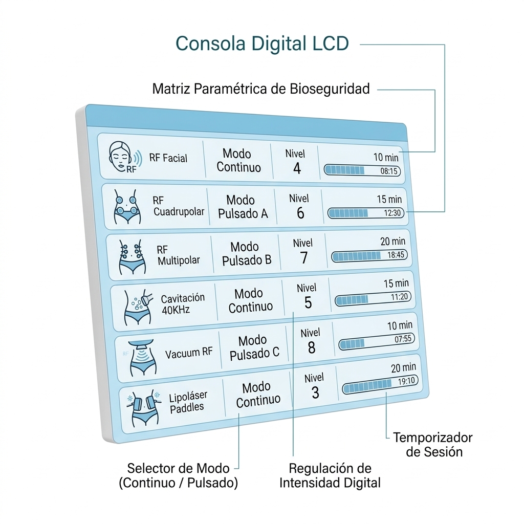 Esquema 3D de la consola digital LCD con matriz de programación paramétrica, modos de trabajo e intensidades iniciales por cabezal.