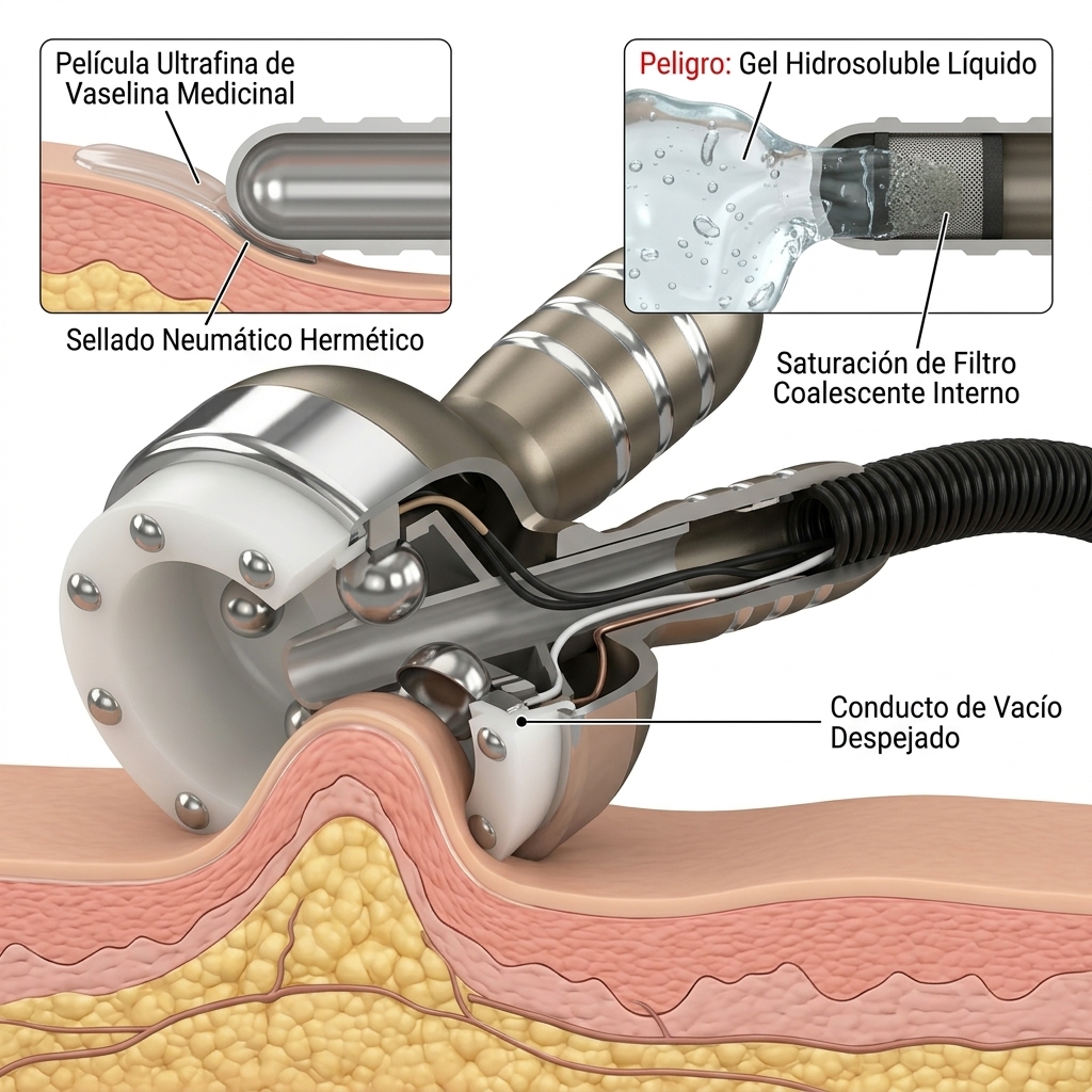 Corte técnico 3D del cabezal de vacuum mostrando película ultrafina de vaselina frente al riesgo de succión de gel hacia los filtros.