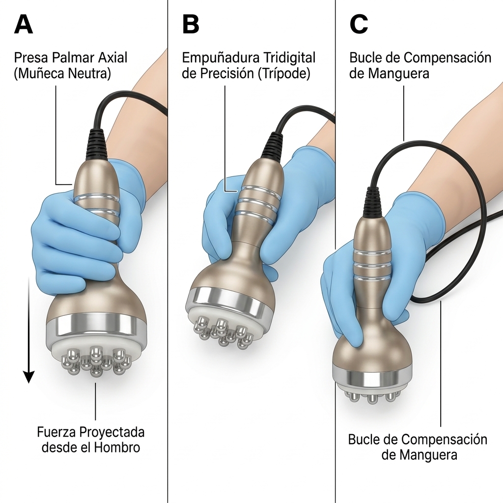 Diagrama biomecánico 3D de ergonomía postural: agarre palmar axial corporal, agarre en trípode facial y guiado de mangueras.