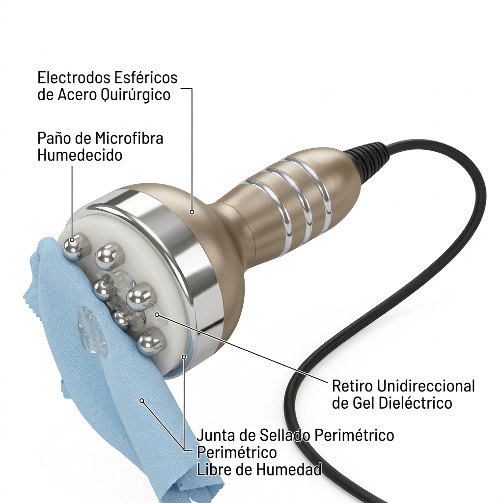 Render 3D del cabezal de radiofrecuencia multipolar en ángulo activo siendo higienizado con paño de microfibra de grado óptico.
