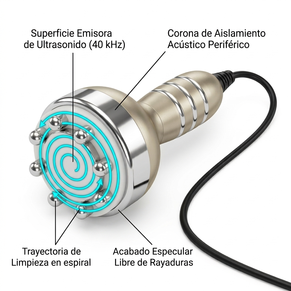 Render 3D del transductor de cavitación ultrasónica mostrando la técnica de limpieza en espiral sobre la placa emisora metálica.