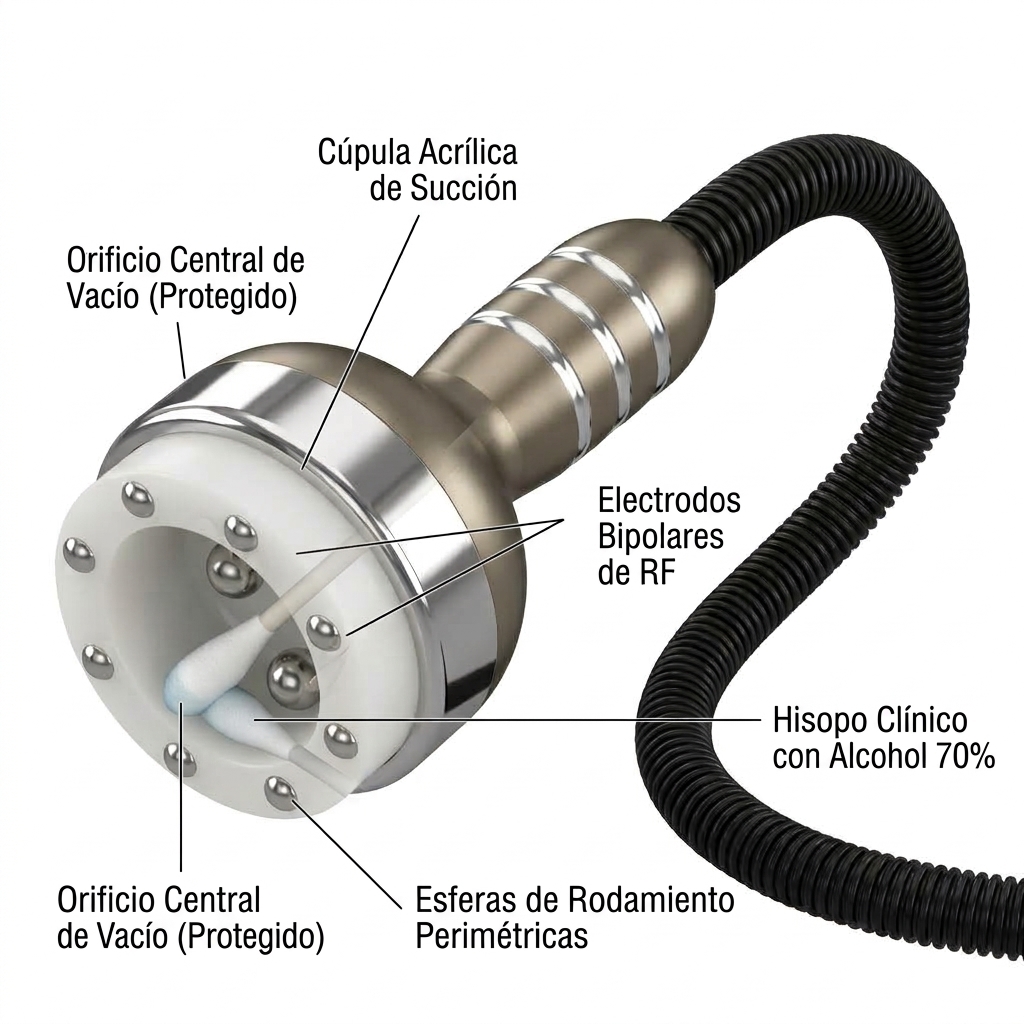 Corte técnico 3D del cabezal de vacuum con RF orientado hacia abajo para higienización de la cavidad interna con hisopo clínico.