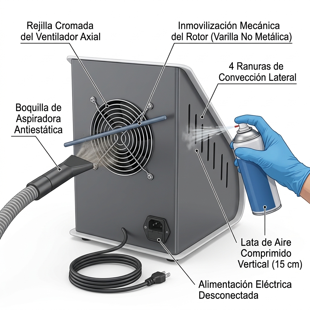 Vista técnica 3D del chasis posterior y lateral mostrando la aspiración de ranuras de convección y el soplado seguro del ventilador axial.